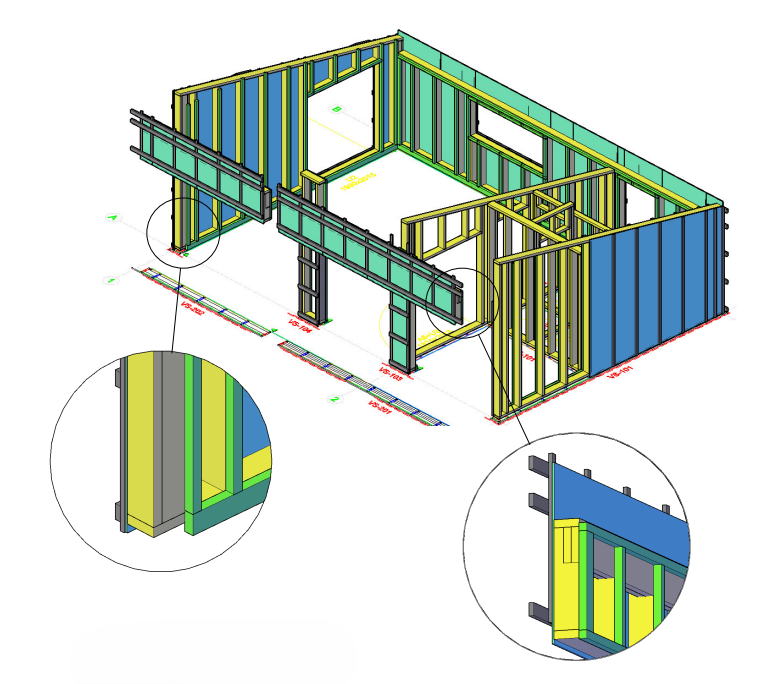Prefab building model in Revit showing wall panel assemblies
